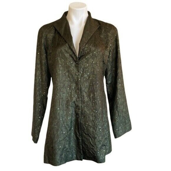 EILEEN FISHER Silk Embroidered Green Sequin Jacket Size S - Picture 1 of 8